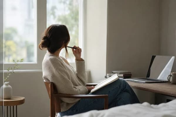 Person reflecting at a quiet desk
