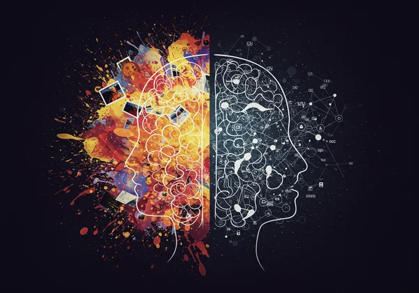 Abstract art of a brain with data vs. visual imagery.