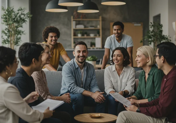 Diverse group of people connecting in a community setting